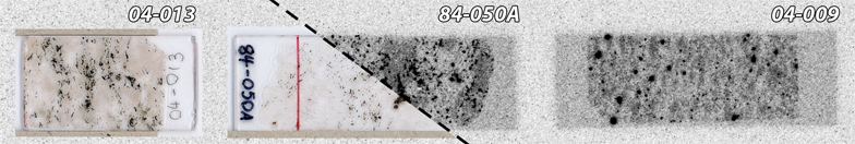 Autoradiographies (right) of thinsections of granitic rocks